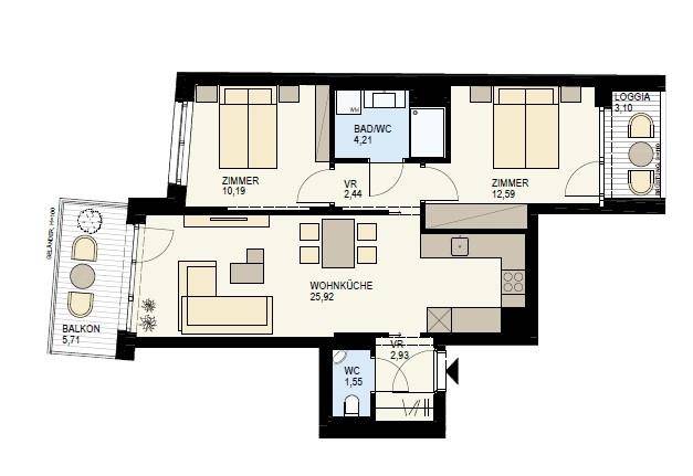 Grundriss einer Wohnung mit zwei Schlafzimmern, Wohnküche, Bad, WC, Balkon und Loggia.