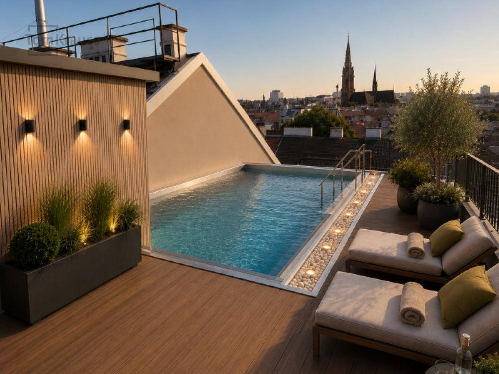 Exklusiver Dachpoolbereich mit Sonnenliegen und Panoramablick über die Stadt und historische Gebäude bei Sonnenuntergang.