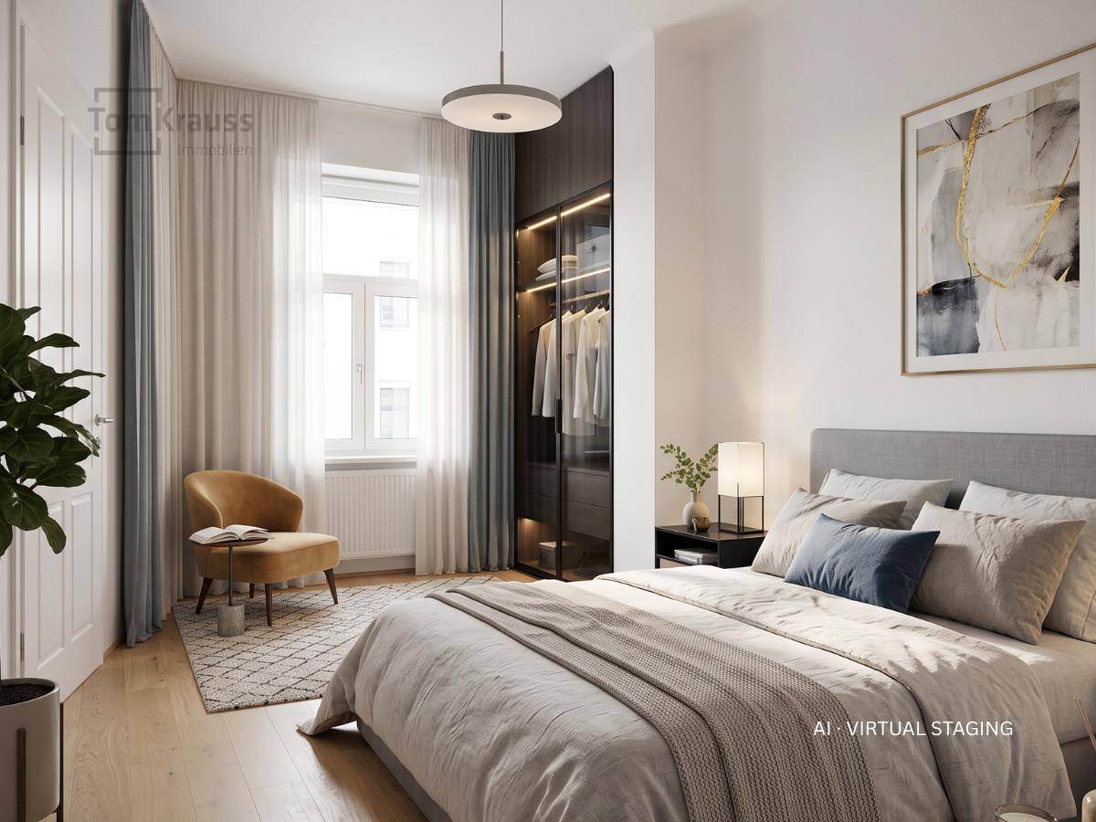 Virtuell inszeniertes Schlafzimmer mit Doppelbett, Einbauschrank und hellem Parkettboden.