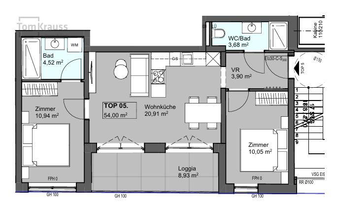 Grundriss der Wohnung TOP 05 mit Wohnküche, zwei Zimmern, Bad und Loggia.