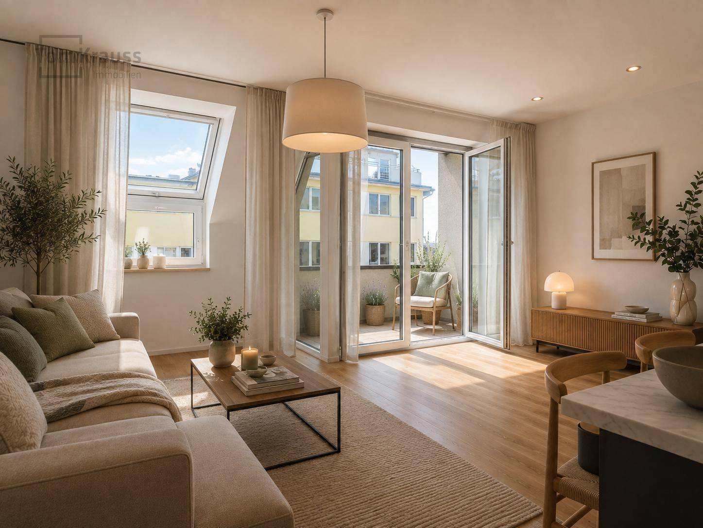 Gemütlicher Wohn-Essbereich mit Holzboden, Sofa und Zugang zu einem möblierten Balkon.