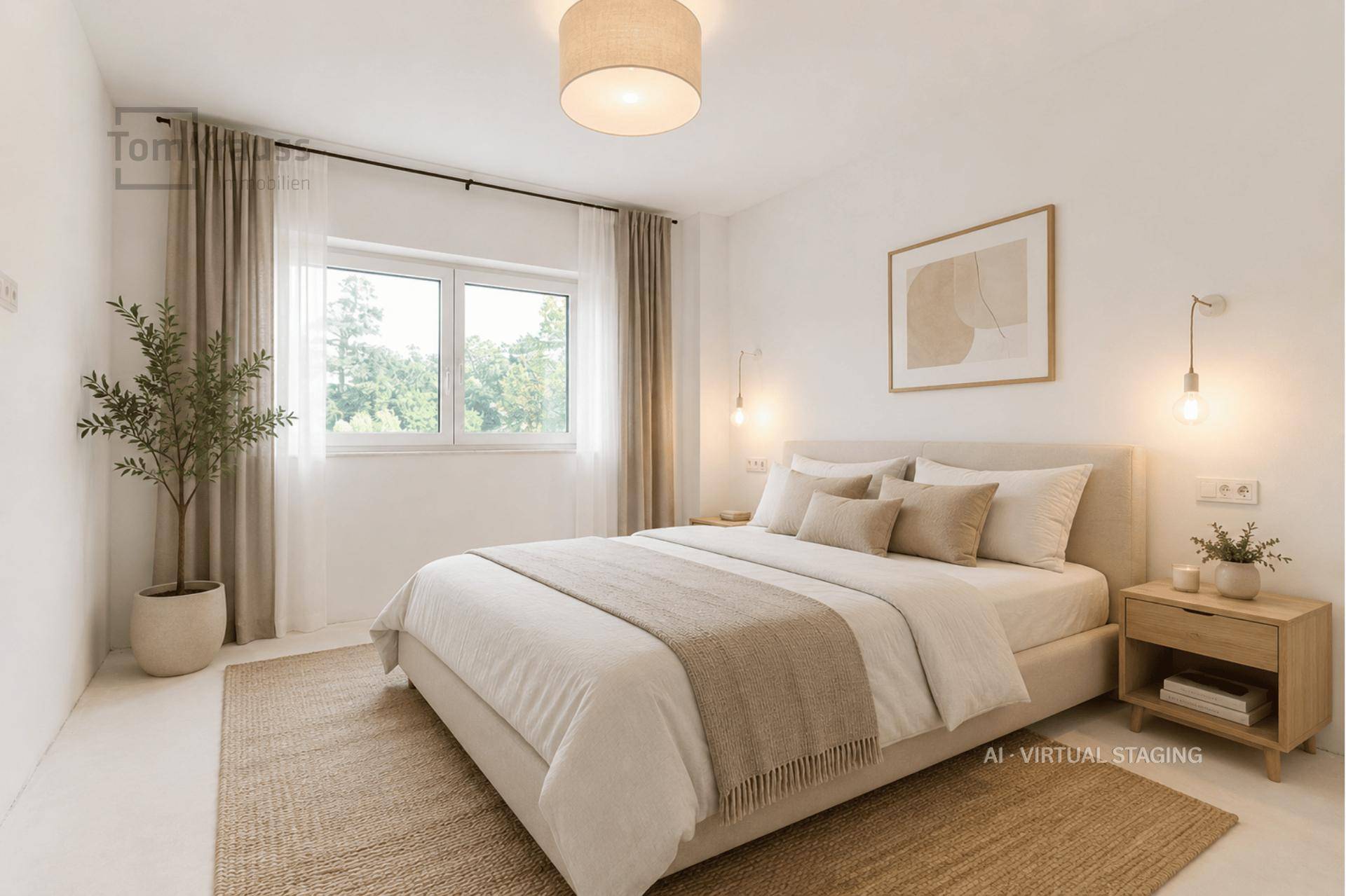 Helles Schlafzimmer mit Doppelbett, Nachttischen und Blick ins Grüne durch das Fenster.