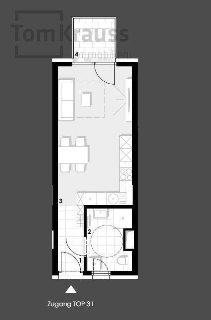 Grundriss einer Wohnung mit offenem Wohnbereich, Küche und Badezimmer.