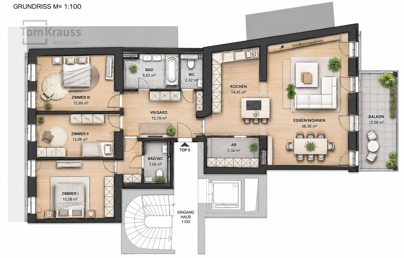 Detaillierter Grundriss der Wohnung mit drei Schlafzimmern, offenem Wohnbereich und Balkon.