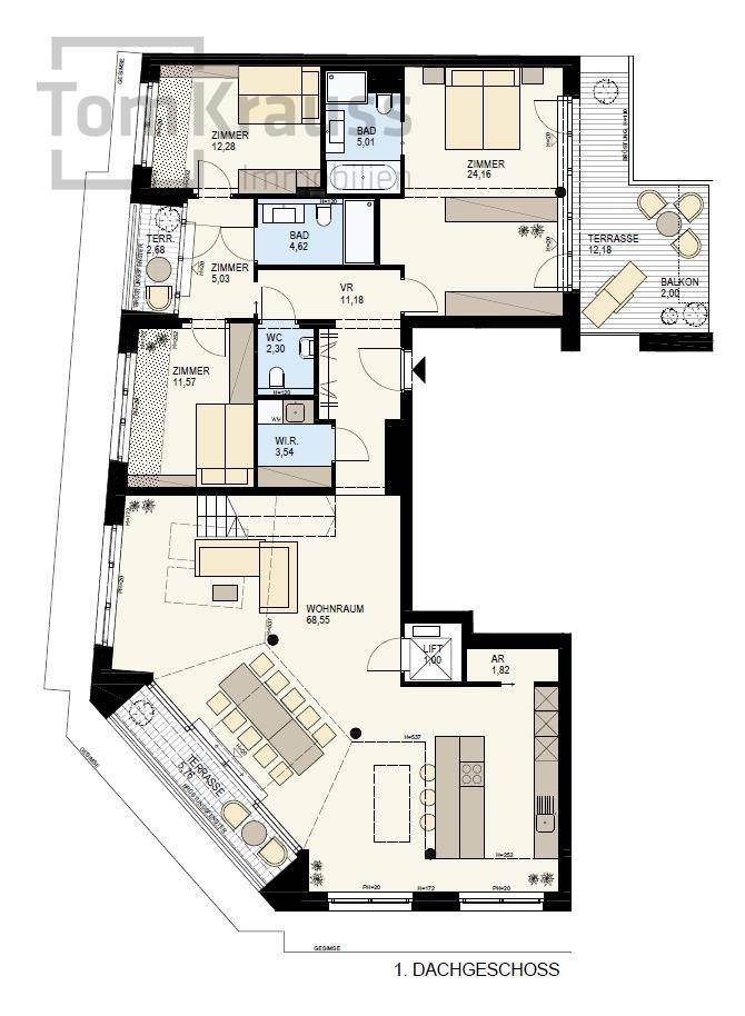 Grundriss des ersten Dachgeschosses mit mehreren Zimmern, Terrassen und Balkon.