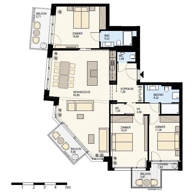 Detaillierter Grundriss einer Wohnung mit mehreren Zimmern, Bädern und Balkonen.