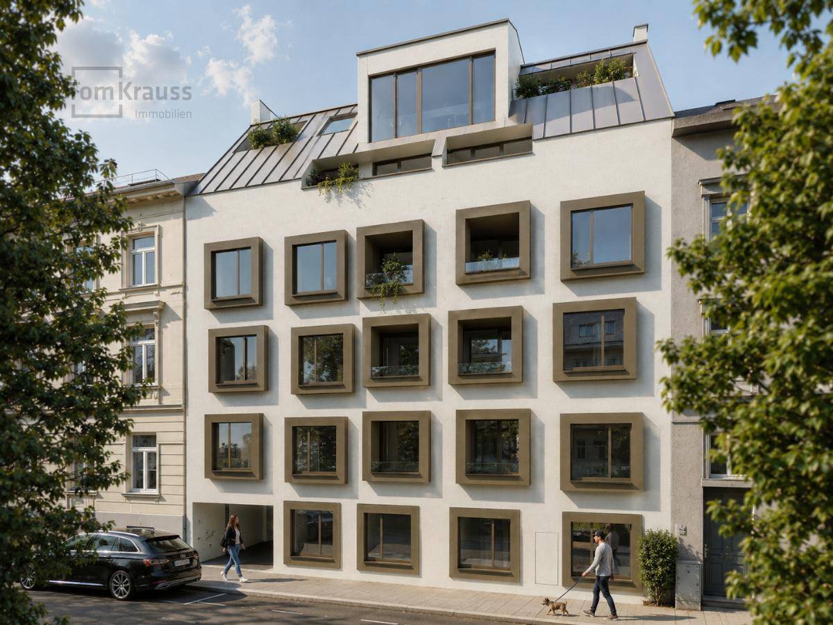 Moderne Gebäudefassade mit markanten quadratischen Fenstern und Balkonen in urbaner Umgebung.