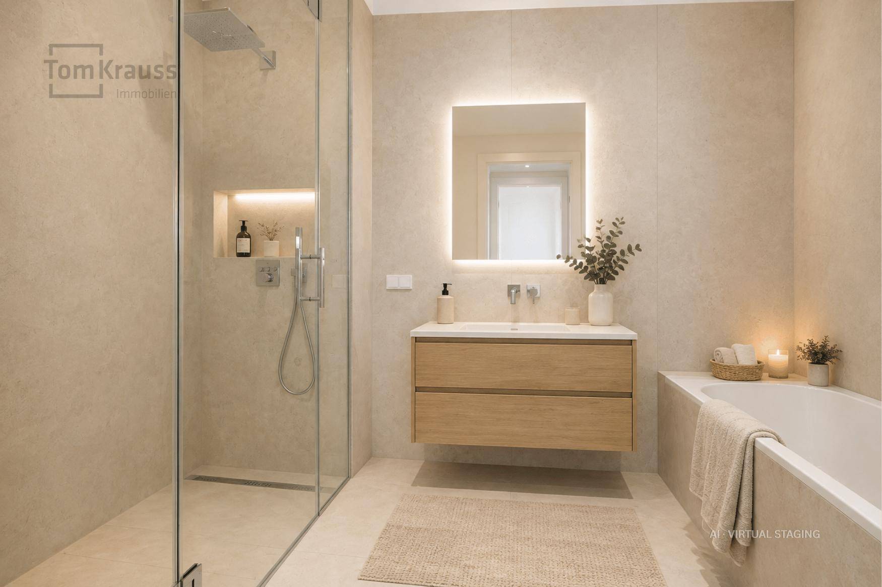 Modernes Badezimmer mit begehbarer Dusche, Badewanne und elegantem Waschtisch.