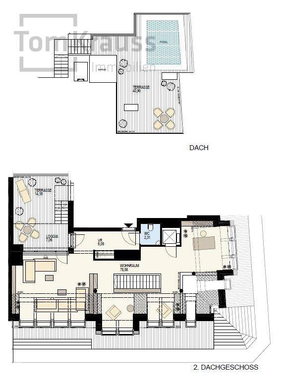Grundriss des zweiten Dachgeschosses und der Dachterrasse mit Pool.