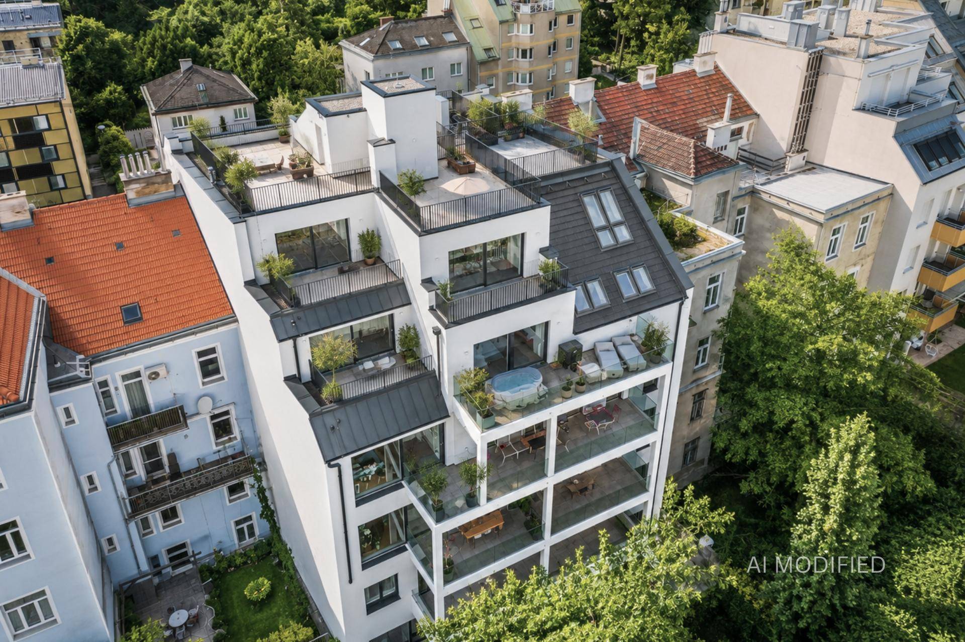 Luftaufnahme eines modernen Wohngebäudes mit gestuften Balkonen und Dachterrassen in grüner Umgebung.