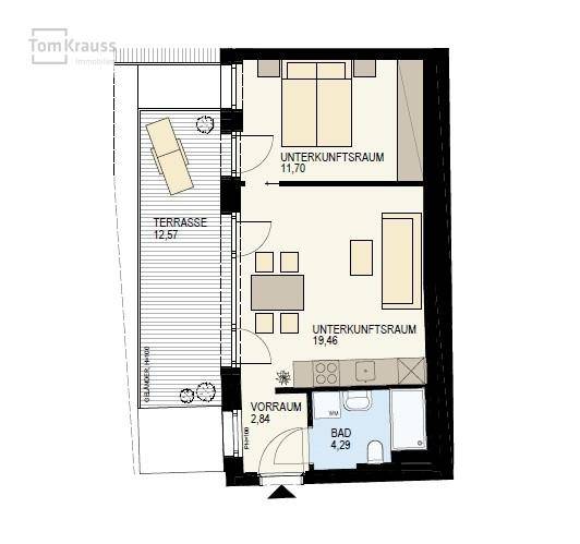 Grundriss einer Wohnung mit großer Terrasse, zwei Unterkunftsräumen und einem Badezimmer.