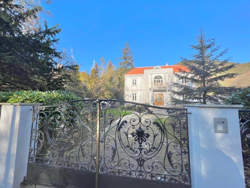 Geschmiedetes Eingangstor mit kunstvollen Verzierungen, das den Zugang zur eleganten Villa gewährt.
