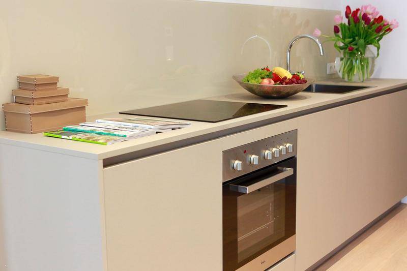 Moderne Küchenzeile mit integriertem Backofen, Induktionskochfeld und frischen Blumen auf der Arbeitsplatte.