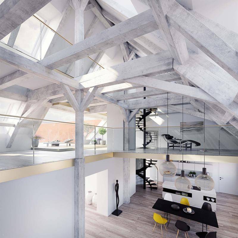 Geräumiges Loft mit offener Galerie, sichtbaren Holzbalken und moderner Küche im unteren Bereich.
