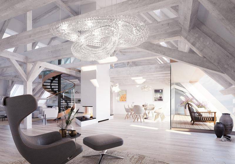 Helles, offenes Loft mit hohen Decken, sichtbaren Holzbalken und moderner Einrichtung.