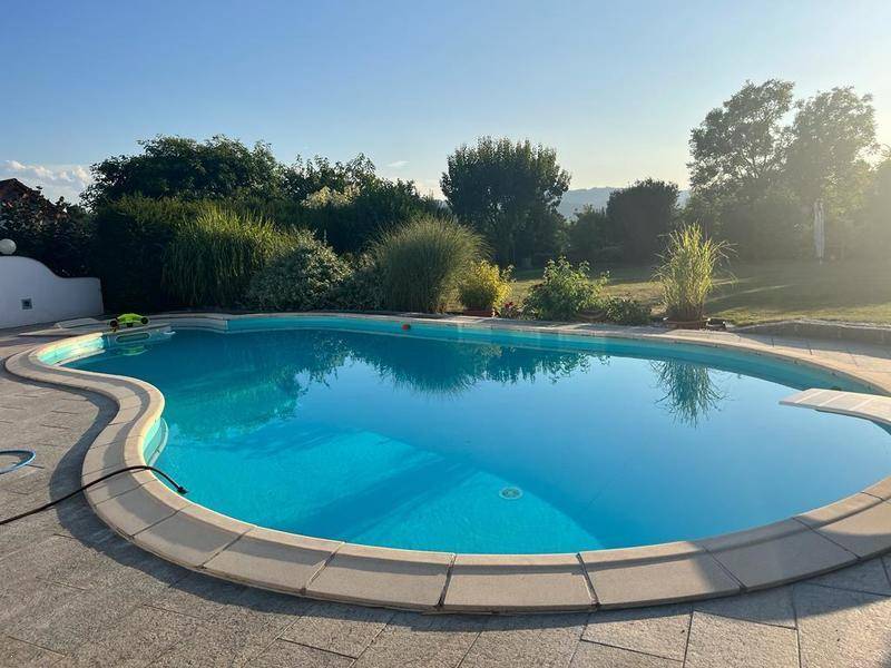 Einladender Außenpool mit klarem blauen Wasser und sonniger Terrasse, umgeben von üppigem Grün.