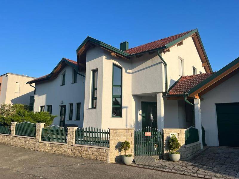 Moderne Hausfassade mit grünen Akzenten, Steinmauer und schmiedeeisernem Zaun.