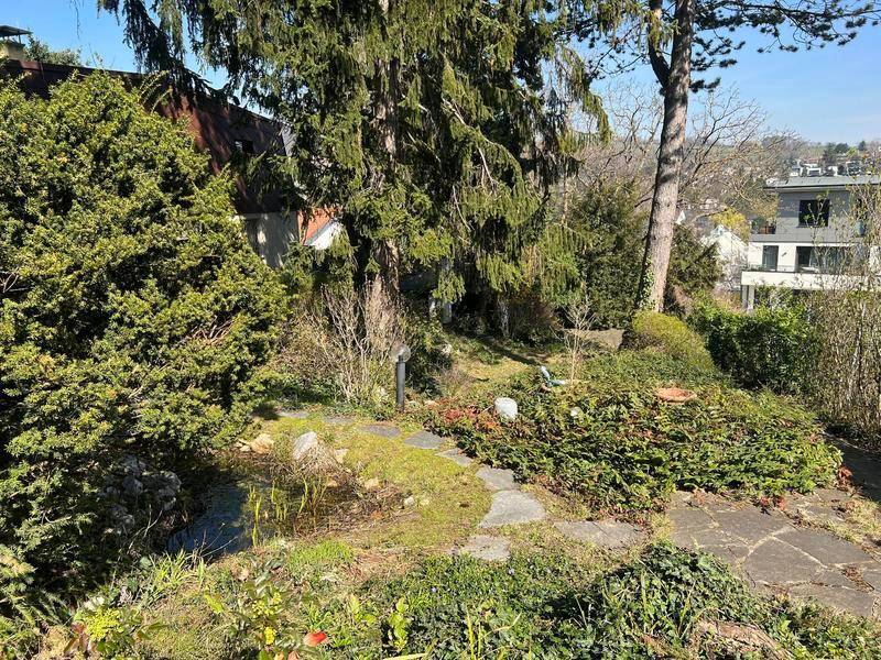 Naturnaher Gartenbereich mit einem kleinen Teich, Trittsteinen und vielfältiger Bepflanzung.