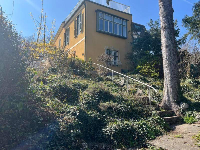 Gelbes Gebäude von unten gesehen, umgeben von einem bewachsenen Hang und Bäumen.