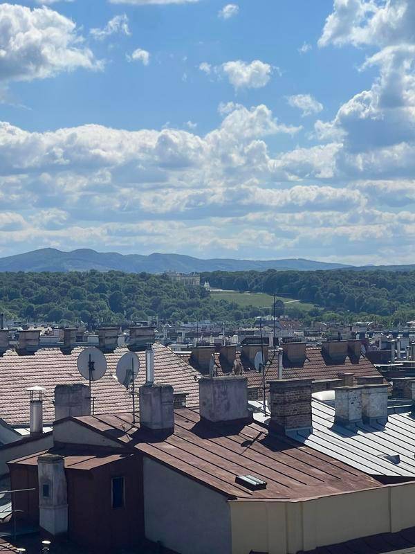 Panoramablick über die Dächer der Stadt mit Bergen und bewaldeten Hügeln im Hintergrund.