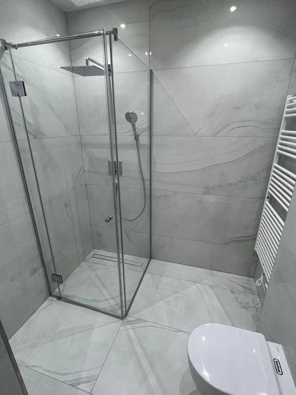 Modernes Badezimmer mit großer Duschkabine, Wand-WC und Handtuchheizkörper.