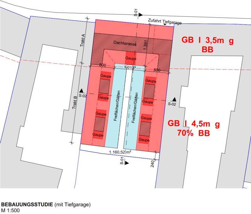 Bebauungsstudie zeigt Gebäudestruktur mit Dachterrasse, Freiflächen und Zufahrt zur Tiefgarage.