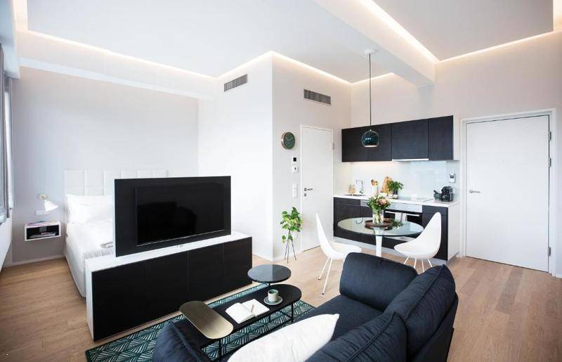 Stilvolles Studio-Apartment mit integrierter Küche, Wohnbereich und Schlafzimmer in offener Gestaltung.