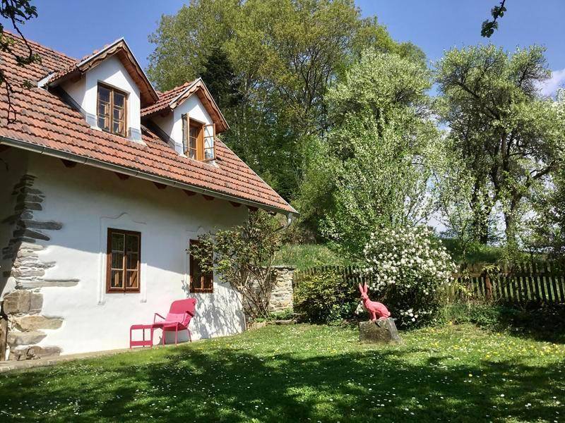 Sonnige Gartenecke mit grüner Wiese, blühenden Bäumen und einem rosa Liegestuhl.