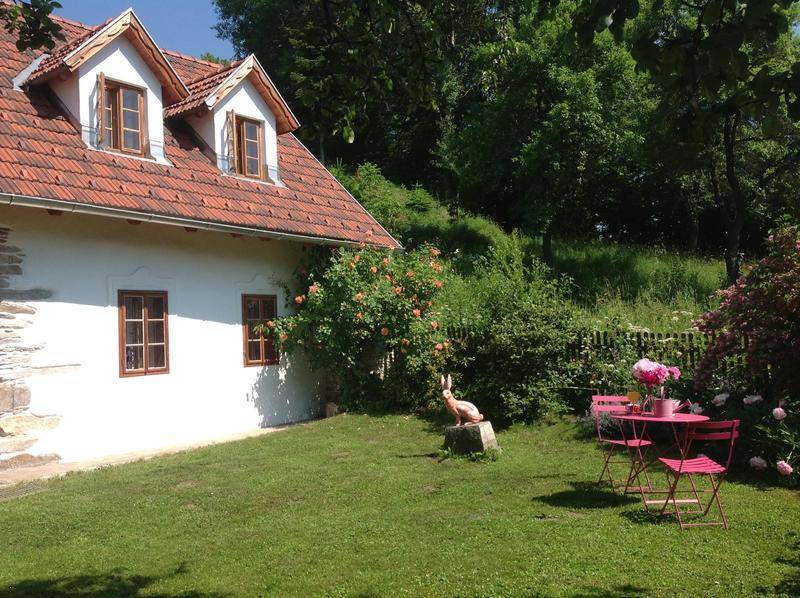 Idyllischer Gartenbereich mit grüner Wiese, blühenden Büschen und einem kleinen rosa Tischset.