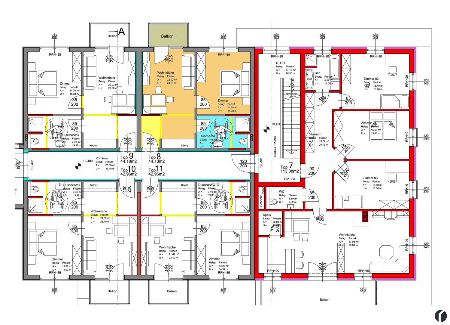 Detaillierter Grundrissplan mit mehreren Wohneinheiten, Balkonen und barrierefreien Zugängen.
