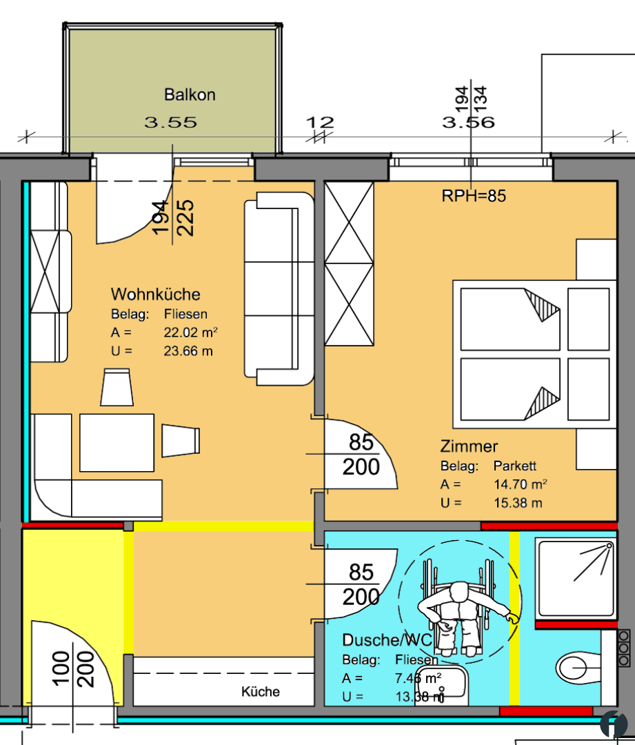 Ausschnitt eines Grundrisses mit offener Wohnküche, Schlafzimmer und barrierefreier Dusche.