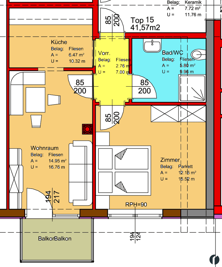 Ausschnitt eines Grundrisses mit Küche, Wohnraum, Bad und Schlafzimmer einer Wohneinheit.