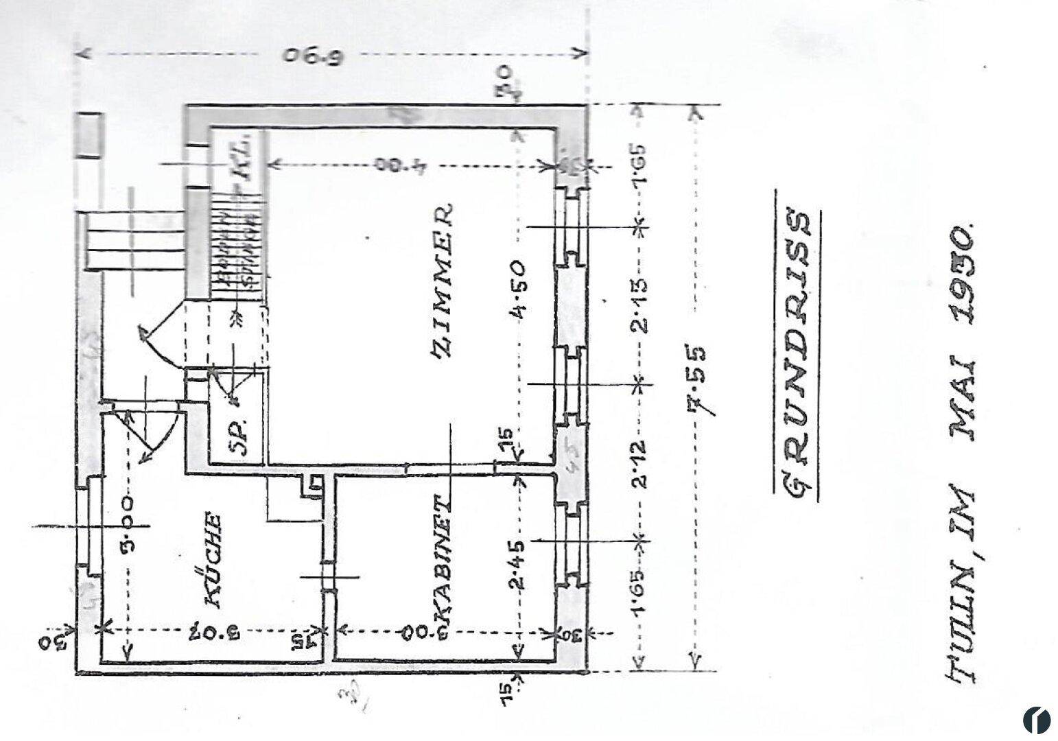 Historischer Grundriss aus dem Mai 1930 mit Zimmeraufteilung und Maßen.