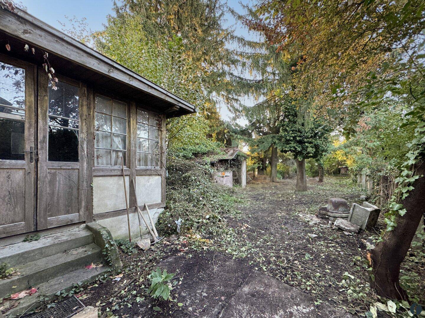 Teilansicht einer alten Veranda und des gerodeten Gartens mit Werkzeugen im Vordergrund.