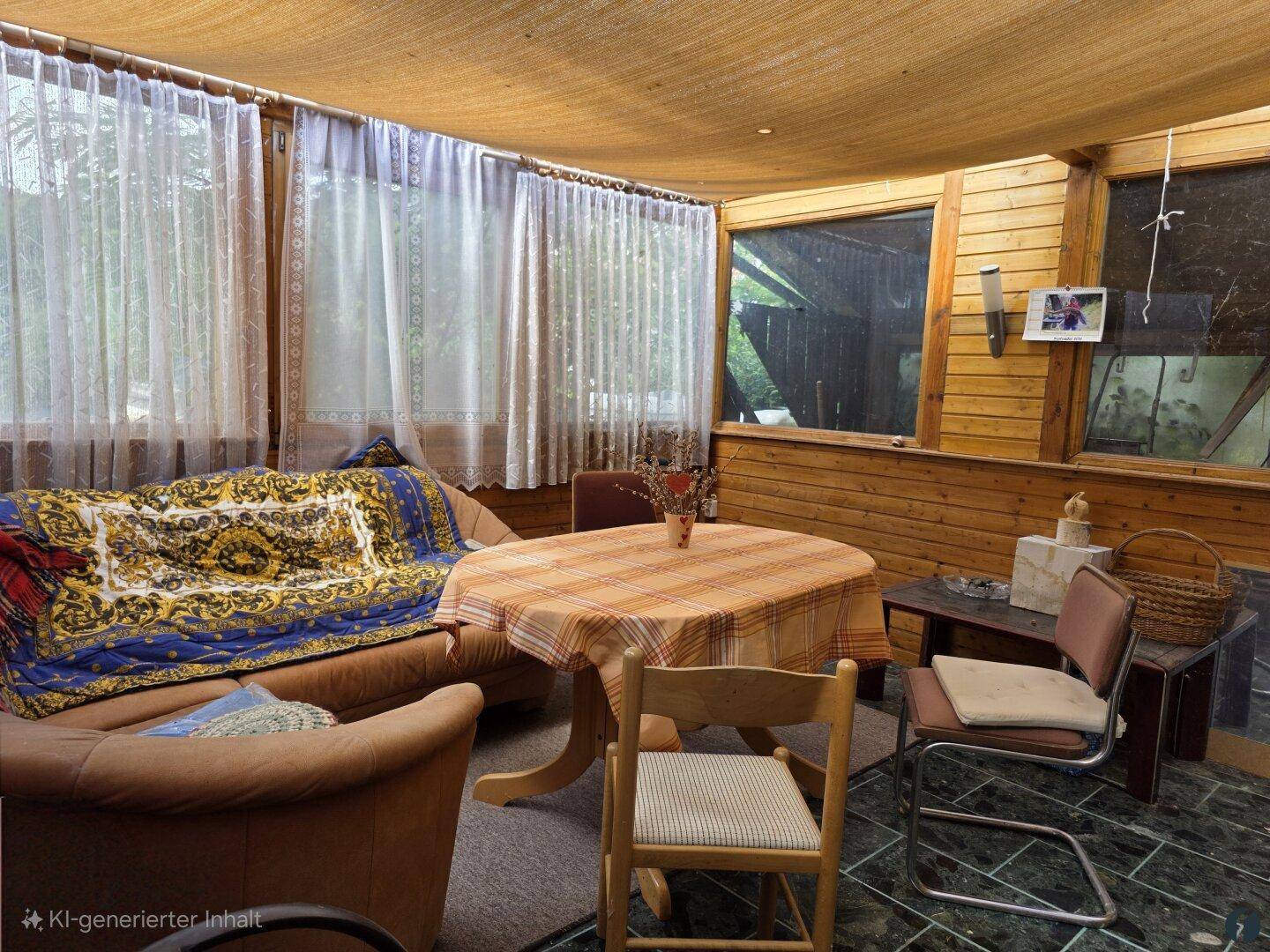 Gemütlicher Wintergarten mit Holzverkleidung, großen Fenstern und bequemen Sitzgelegenheiten für Entspannung.
