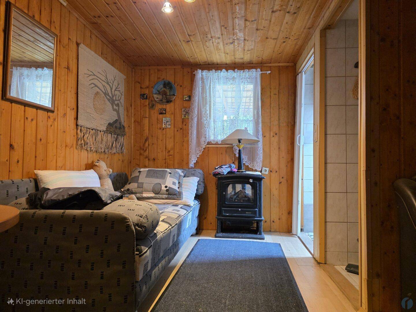 Kleines Schlafzimmer mit rustikaler Holzvertäfelung, einem Tagesbett und einem gemütlichen Holzofen für Wärme.