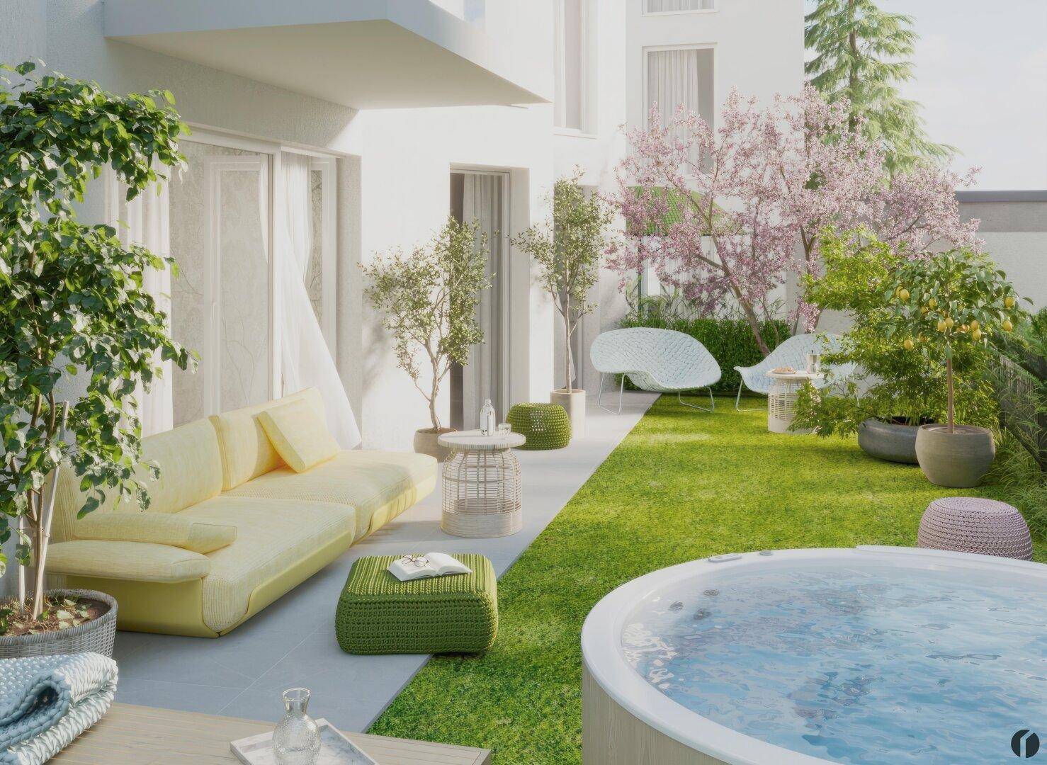 Sonniger Gartenbereich mit bequemer Sitzgruppe, Rasenfläche und einem Whirlpool.