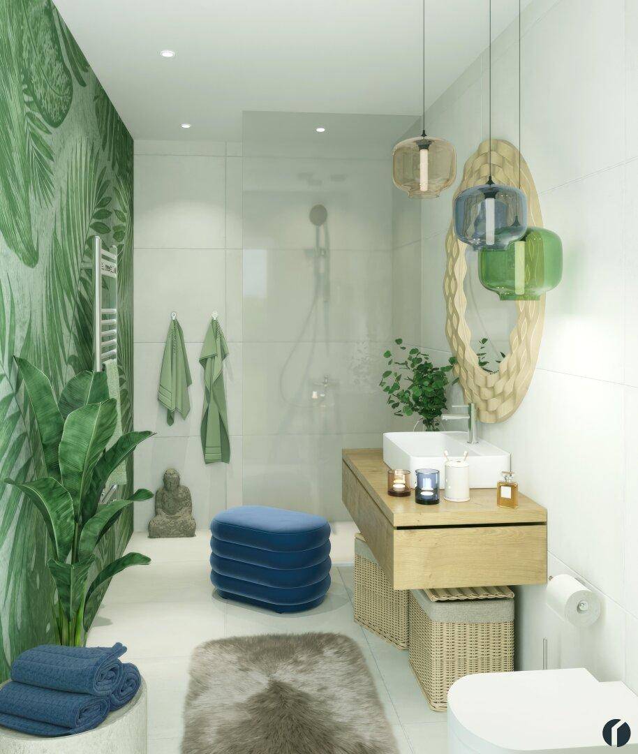 Modernes Badezimmer mit tropischer Tapete, begehbarer Dusche und Holzwaschtisch.