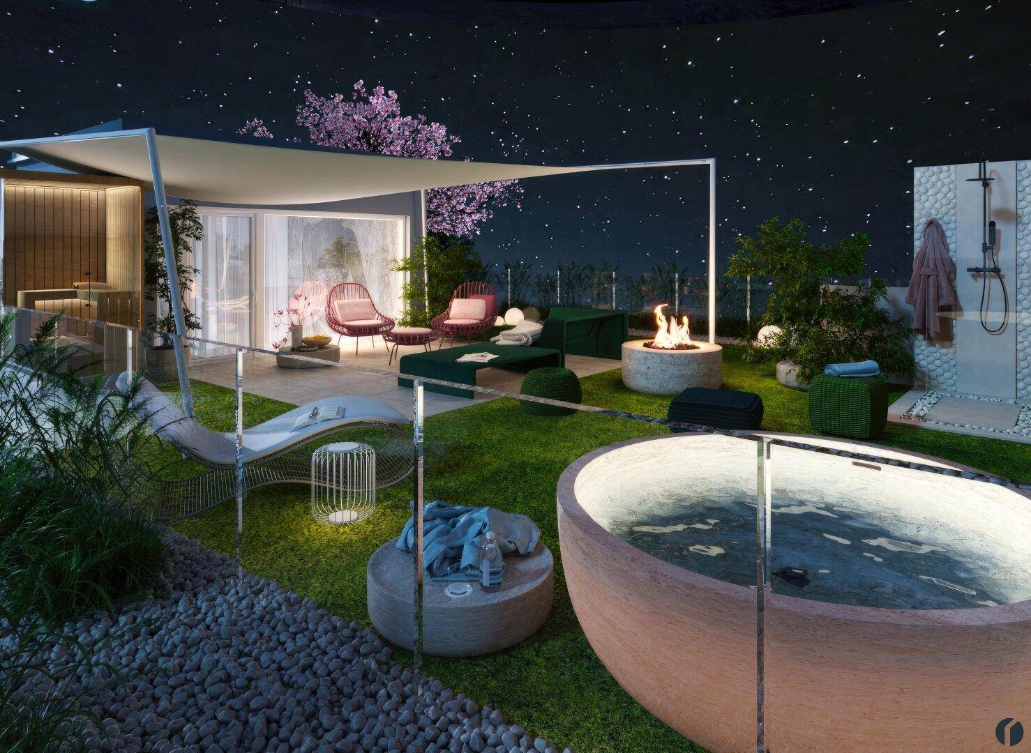 Beleuchteter Gartenbereich bei Nacht mit Feuerstelle, Whirlpool und gemütlichen Sitzgelegenheiten.
