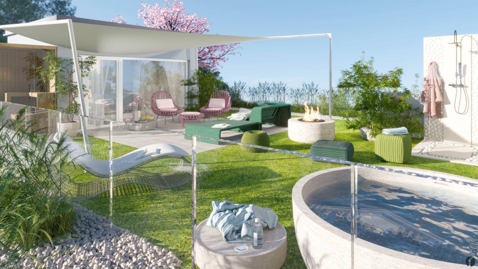 Großzügiger Garten mit Liegestühlen, Feuerstelle, Außendusche und einem Whirlpool.