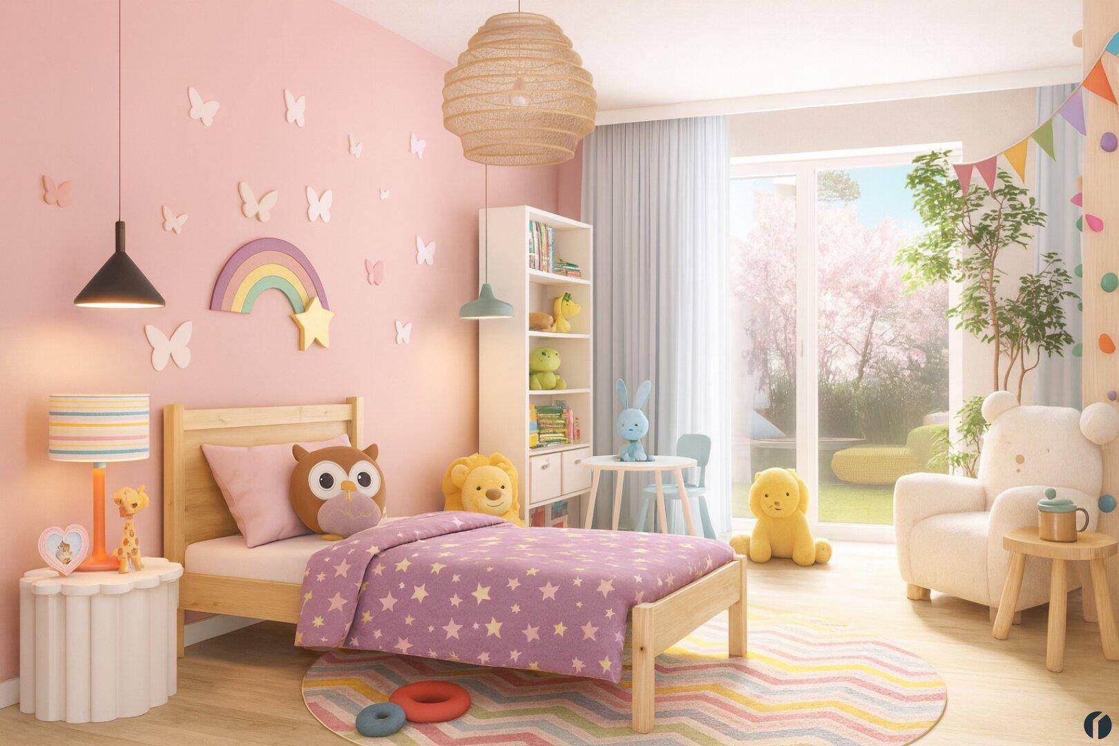 Farbenfrohes Kinderzimmer mit rosa Wänden, Holzbett und verspielter Dekoration.