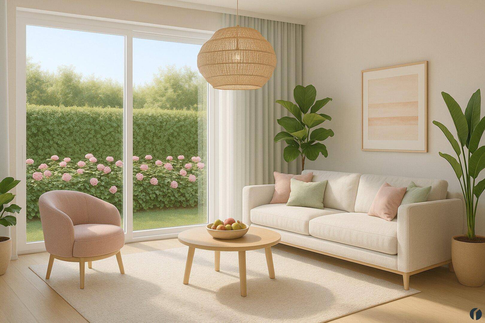 Helles Wohnzimmer mit beigem Sofa, Korblampe und Blick auf den grünen Garten mit Blumen.