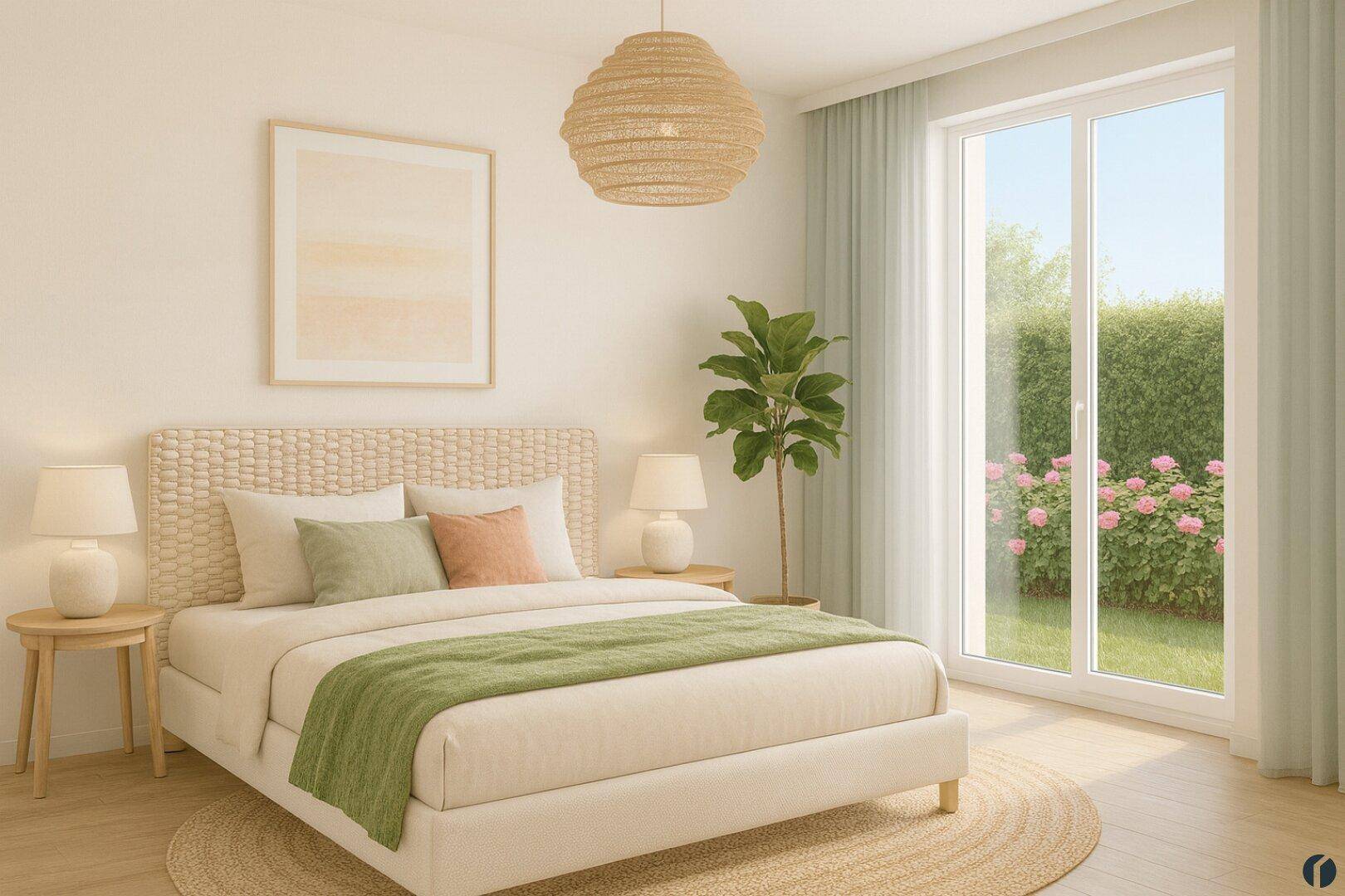 Gemütliches Schlafzimmer mit Rattan-Kopfteil, grüner Decke und Zugang zum Garten.