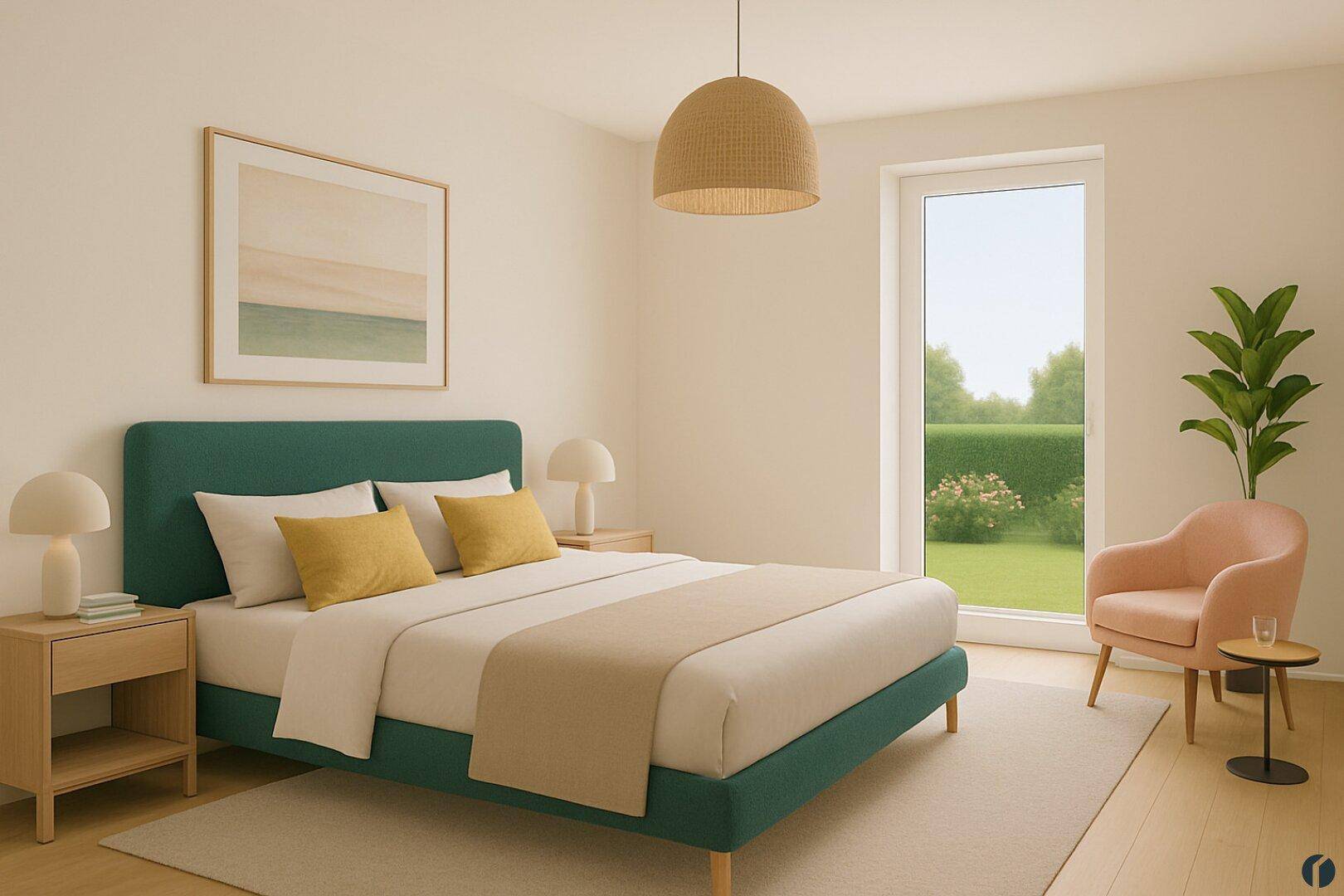 Modernes Schlafzimmer mit grünem Bett, Holzboden und Blick auf die grüne Außenanlage.