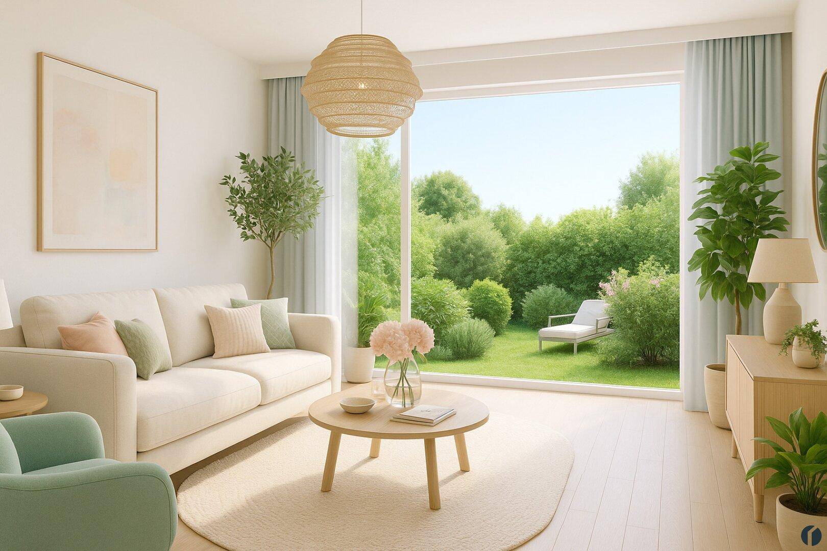 Helles Wohnzimmer mit großen Fenstern, Blick in den grünen Garten und moderner Einrichtung.