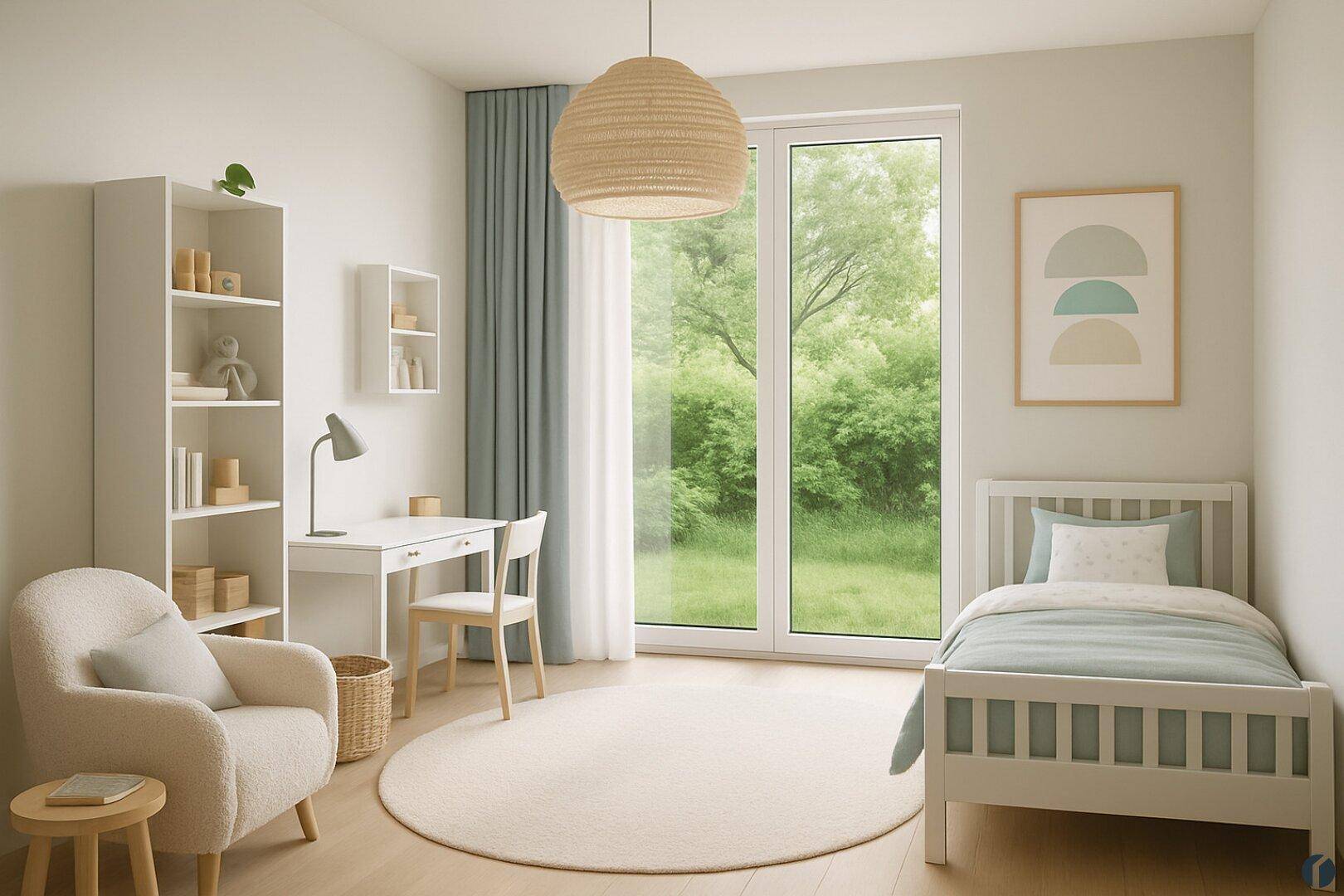 Helles Kinderzimmer mit Einzelbett, Schreibtisch und großem Fenster zum Garten.