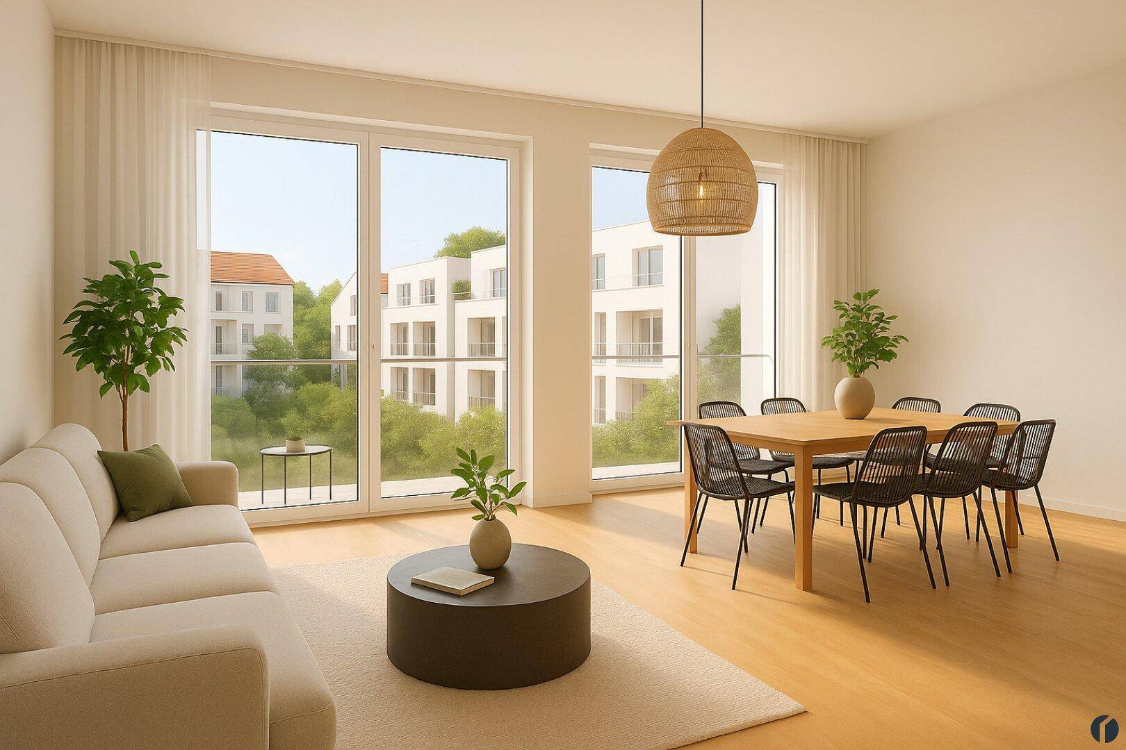 Heller Wohn- und Essbereich mit großen Fenstern, Holzboden und modernem Mobiliar, bietet einen schönen Ausblick.