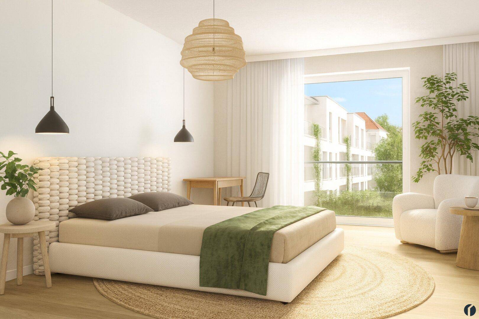 Modernes Schlafzimmer mit großem Fenster, hellem Holzboden und Blick ins Grüne.