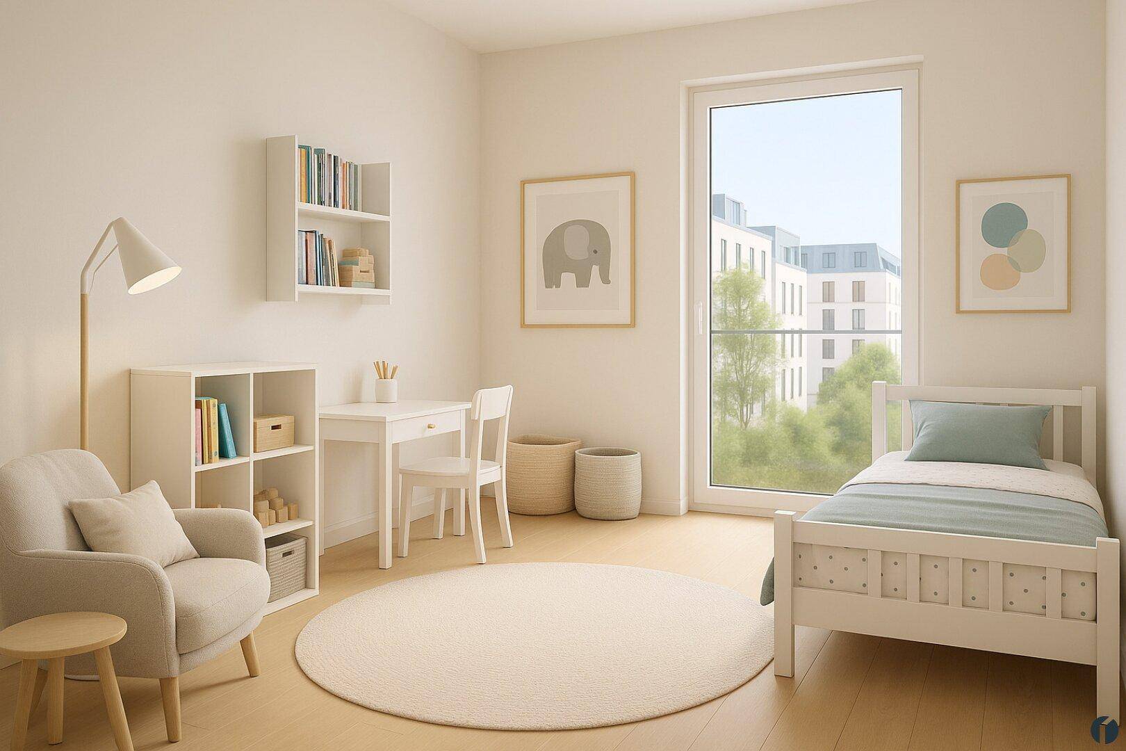 Helles Kinderzimmer mit Einzelbett, Schreibtisch und großem Fenster mit Ausblick.
