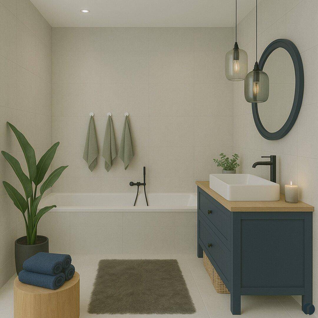 Modernes Badezimmer mit Badewanne, dunklem Waschtischunterschrank und hellen Fliesen.